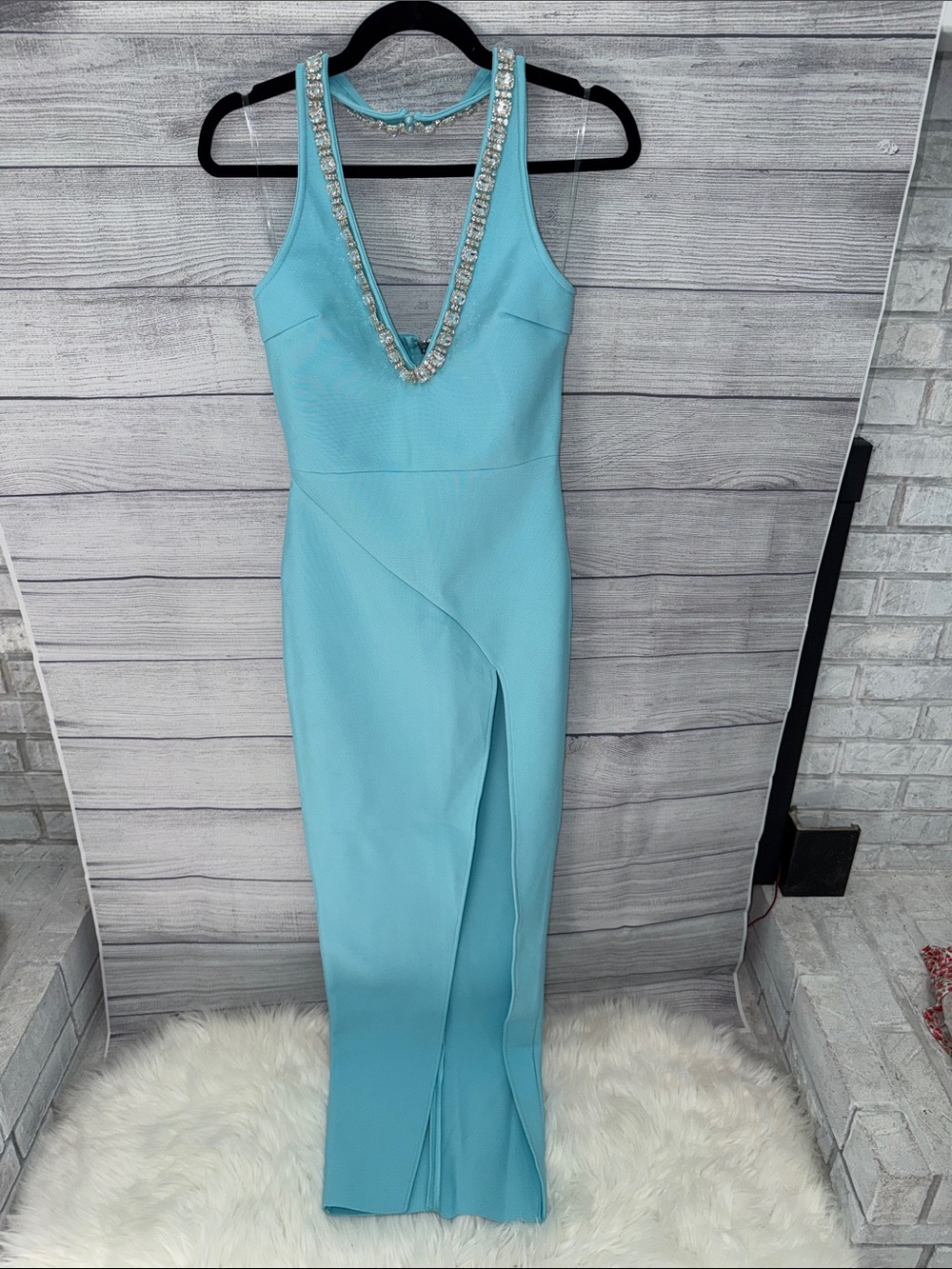Fashion Nova Beaded V-Neck Maxi Dress in Light Blue